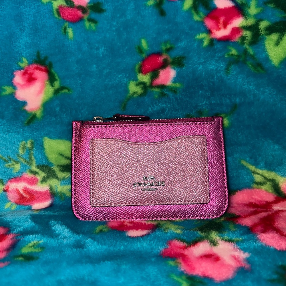 Coach Zip Top Card Case Metallic Cerise Pink F37571